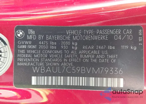 2011 BMW 128I z USA, uszkodzony, nr VIN WBAUL7C59BVM79336